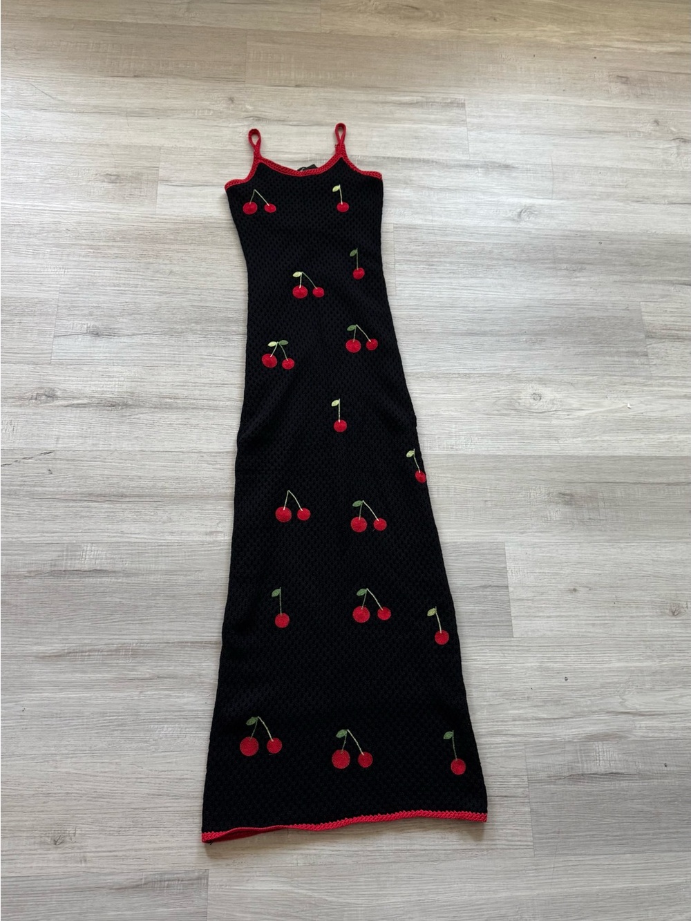 Black Knit Cherry Maxi Dress with Red Trim